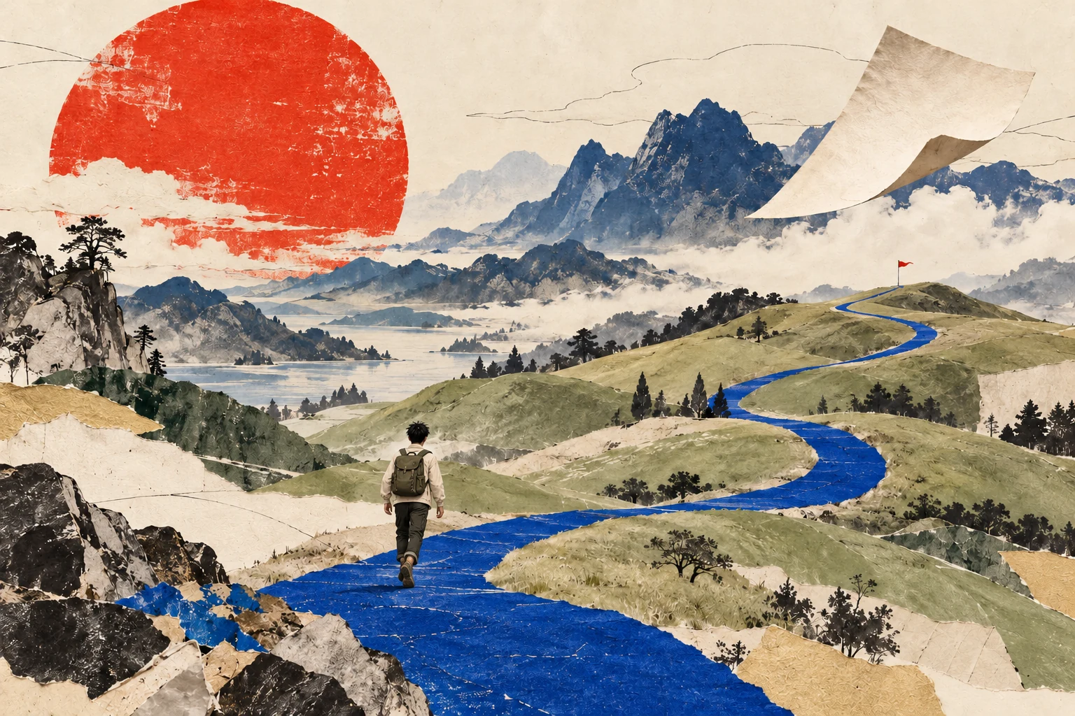 短发男生背着行囊走向蓝色山路的插画