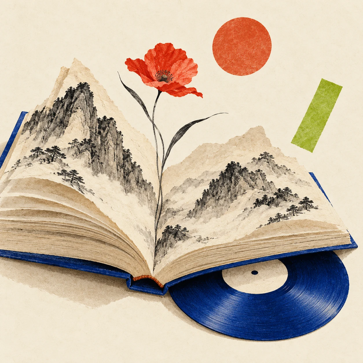 书页化作山峦的阅读与音乐插画
